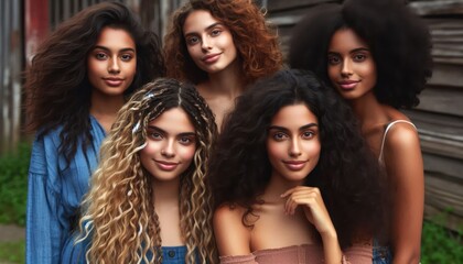 Obraz premium Diverse women with different natural hairstyles, including curly, wavy, and braided hair. Group portrait showcasing beauty and individuality, outdoor setting with natural lighting