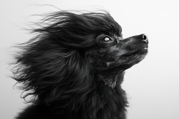 Close-up of a black poodle with windswept hair, standing proudly on a white background.