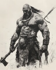 Fototapeta premium Fierce Barbarian Warrior Wielding Primitive Weapons in Desolate Desert Setting