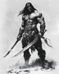 Fototapeta premium Fierce Tribal Barbarian Warrior Wielding Primitive Weapons in Desolate Desert Setting