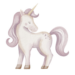 Unicorn watercolor illustration. Drawing of cute little Horse with horn for Baby shower greeting cards or childish birthday invitation. Pony for girls nursery wall art. Pastel Fantasy creature