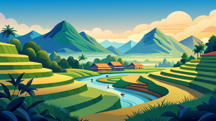 Vector illustration of a serene rural landscape with terraced rice fields, a winding river, and lush green mountains
