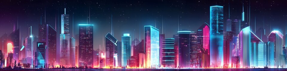 Obraz premium Futuristic Cityscape with Smart Buildings and Neon Lights