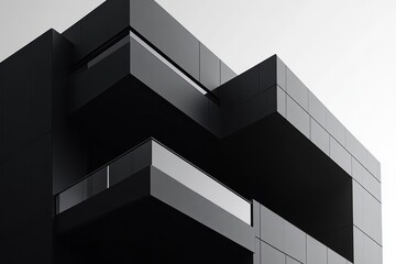 Fototapeta premium Black and white abstract of modern wall facade, sleek lines and sharp angles in minimalist style.