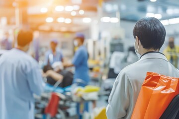 Emergency Consultation A patient consulting a doctor in a busy emergency room, with medical staff and equipment in the background