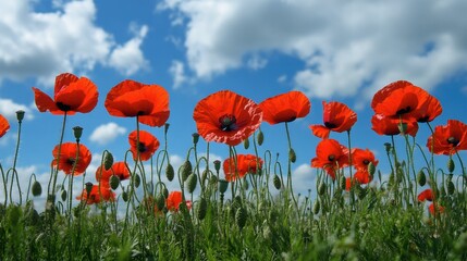 Obraz premium A vibrant display of blooming poppies in a field, with bright red petals standing out against green grass and blue sky.