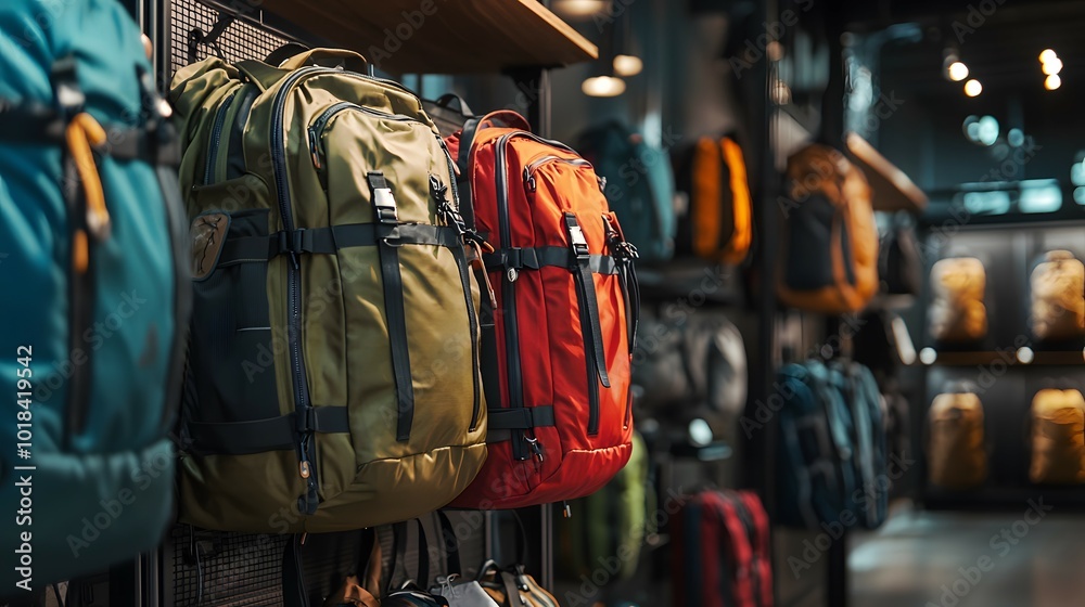 Wall mural colorful backpacks on display in retail store