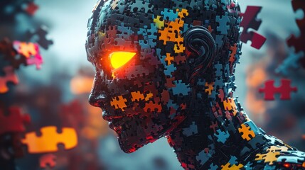 Obraz premium Futuristic robot with colorful puzzle pieces, AI generated image