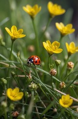 Extreme Close-Up of Grass with Small Yellow Flowers and Ladybugs