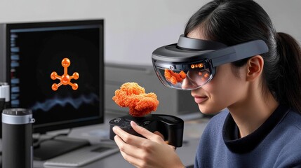 Woman in VR Headset Exploring 3D Model:  A young woman wearing a futuristic VR headset examines a 3D model of a molecule, representing the convergence of technology and scientific discovery.