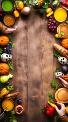 Spooky Halloween breakfast with mummy-shaped pancakes orange juice in skull mugs