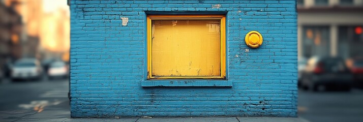 A weathered brick wall painted a vibrant blue, with a yellow window frame and a circular accent adding a pop of color.