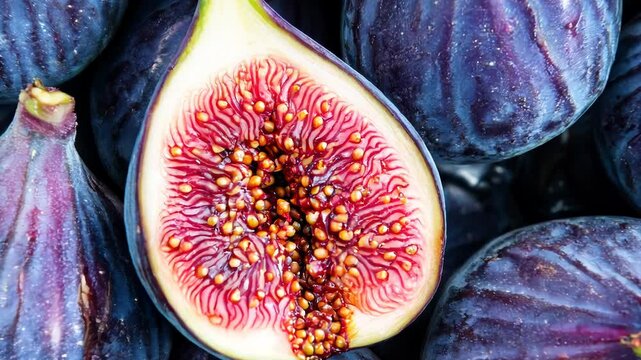 Close up pattern of ripe appetizing figs stacked neatly on top of the other. Sliced fig half with red juicy pulp macro zoom in. Plant native to Mediterranean region and Asia. Source of dietary fiber.