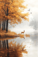 A serene lakeside scene during autumn, where the still water beautifully reflects the golden hues of surrounding trees.