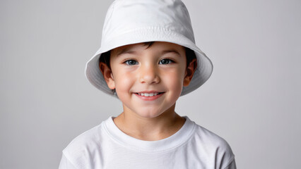 Little boy wearing white t-shirt and white bucket hat isolated on grey background