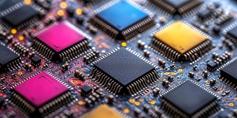 Fototapeta premium Close-up View of a Circuit Board with Colorful Microchips and Intricate Wiring