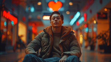 Obraz premium Young Man, Winter Jacket, Heart-Shaped Bokeh, Urban Night Scene. Fashion, Winter, Lifestyle