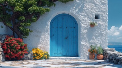 Fototapeta premium A weathered blue door leading to a quaint patio adorned with vibrant flowers, set against a backdrop of a whitewashed wall and a tranquil blue sea