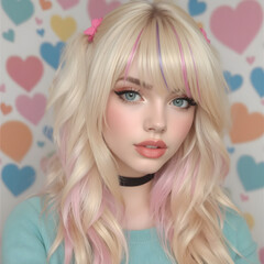 Una linda chica rubia,rodeada de hermosos corazones