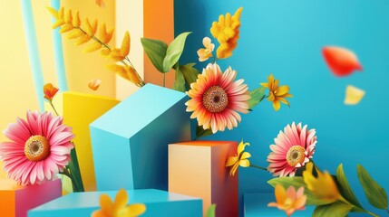 Flowers emerging from geometric shapes, symbolizing growth and creativity in a colorful and vibrant arrangement