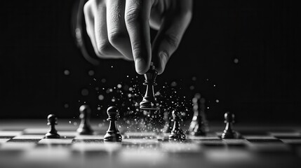 Black and white chess scene with hand moving king piece during intense strategy game