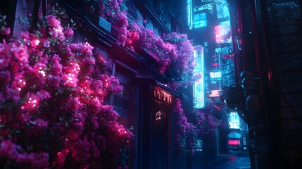 Ethereal Biomancer Conjuring Radiant Floral Tendrils in Neon Lit Urban Landscape