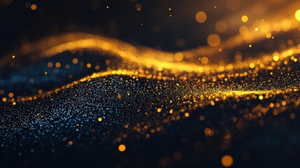 Abstract golden and blue particles glowing on dark surface with a wavy flow effect