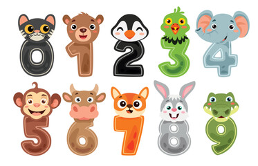 Set Of Colorful Cartoon Animal Numbers