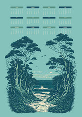 Illustrated 2025 calendar. Week starts on Sunday. Landscape illustration of a forest with a sea view and birds flying on the sky. Vector design template, ready to print. Yearly calendar.