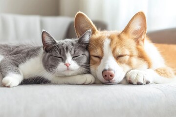 Fototapeta premium A Corgi Dog and Cat Snuggling Together While Sleeping