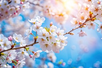 Obraz premium Natural spring background of blue sky and cherry blossom tree branches with white flowers