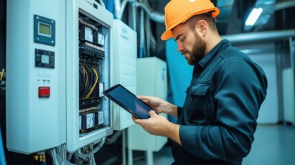 A building inspector using a digital tablet to check the security system in a maintenance inspection