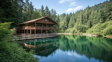 Obraz premium Lakeside house with a wooden dock, calm waters reflecting the surrounding trees and sky.