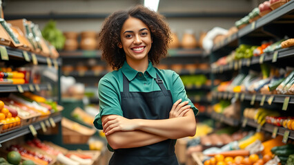 A confident grocery store employee stands with arms crossed in front of a well-stocked produce section, showcasing fresh fruits and vegetables. The individual wears a green apron over a dark shirt