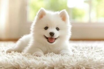 White Puppy Lying on a Fluffy Rug with a Happy Expression
