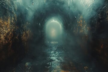 inside a mysterious mine shaft shrouded in fog the digital painting reveals eerie shadows and textures evoking feelings of exploration and the unknown in an atmospheric setting