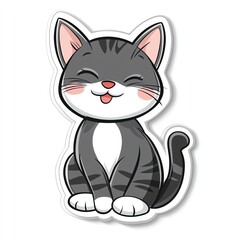 Obraz premium Cute smiling cartoon cat with stripes and white belly, white isolated background.
