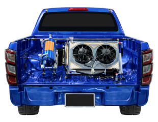 Back view blue truck with nitrous oxide tank and intercooler on truck bed