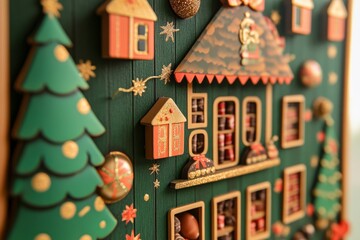 Naklejka premium Festive wooden christmas countdown calendar with chocolates and decorations