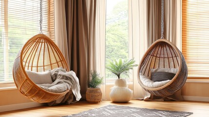 Modern room with hanging chairs and open windows, sunlight enhancing the cozy, inviting atmosphere.