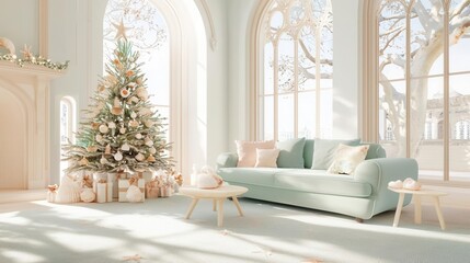 Coastal-themed living room with pastel colors, seashell ornaments on the tree, and ocean-inspired holiday decor, [Christmas decor], [beachside holiday vibes], ,