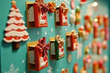 Festive advent calendar with christmas tree and gift boxes on turquoise background