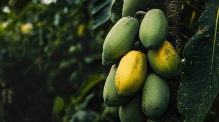 Close-up of Ripe Mangoes Hanging on a Branch