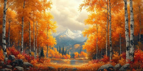 Golden Autumn Foliage Frames a Mountainous Landscape, Reflecting Tranquility in a Still Pond