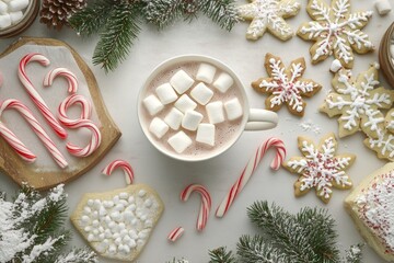 Fototapeta premium Festive hot chocolate and holiday cookies with candy canes and snowflake decorations