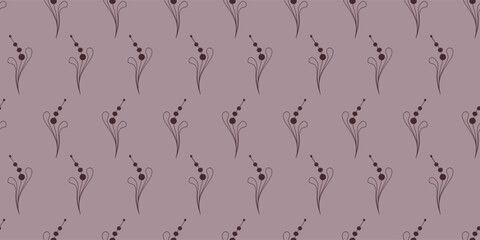 Pastel flora. Minimalist style pattern with floral elements on a purple background. Seamless background. 