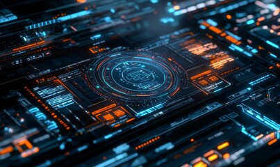 Obraz premium Futuristic interface with glowing blue and orange lines.