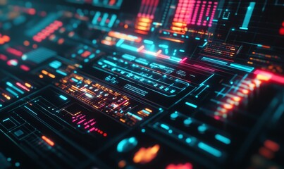 Obraz premium Futuristic interface with glowing blue and red lights.