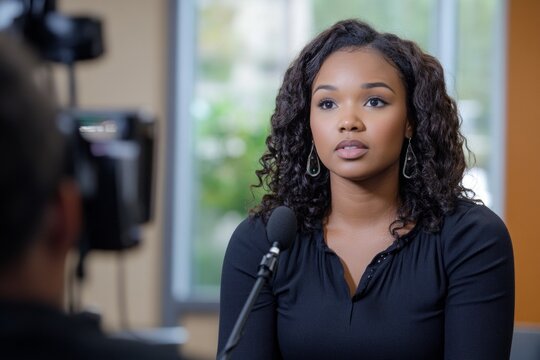 Confident woman speaking in media interview with journalist in studio setting