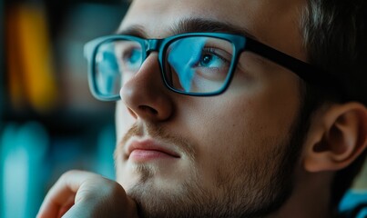 Close-up of a man wearing glasses and looking up.